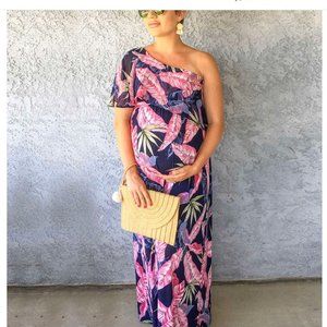 Emerald maxi dress one-shoulder style with a flowy fabric overlay in the most go